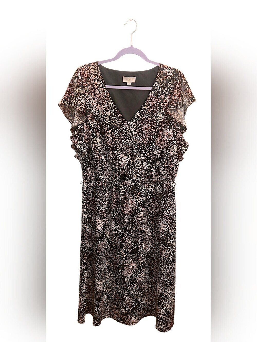 LOFT Black Midi Dress with Blush and Cream Floral Print